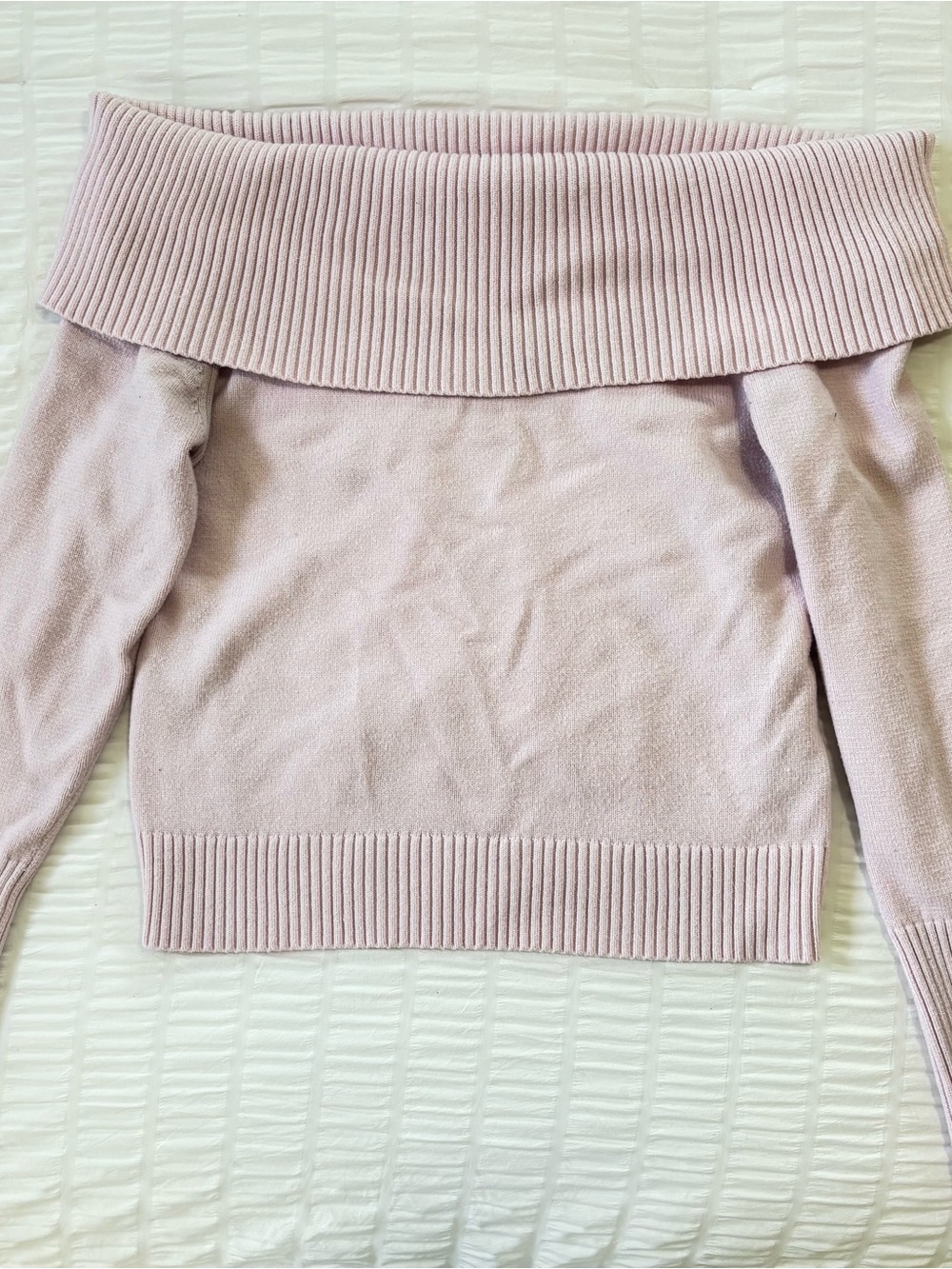 Faded Rise Off-Shoulder Ribbed Sweater - Light Pink